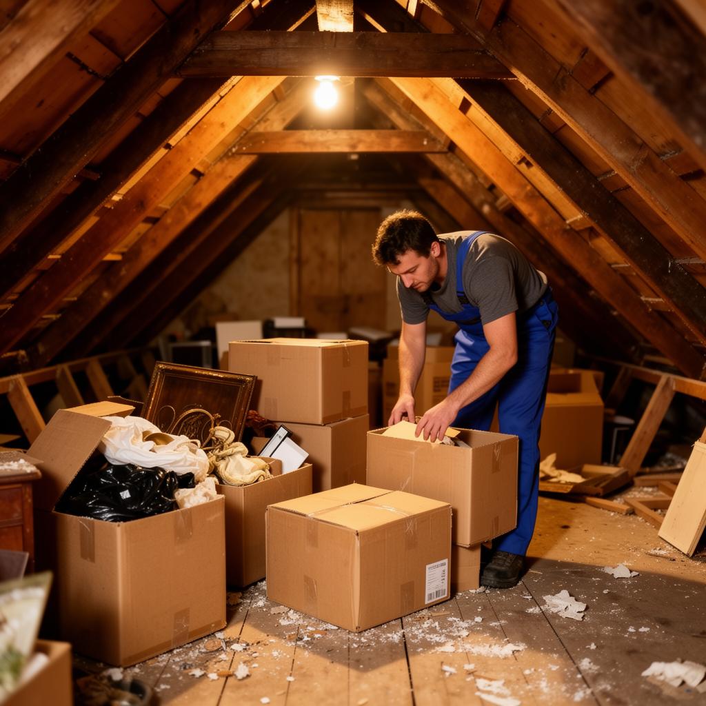 Worker carefully removing items from an attic