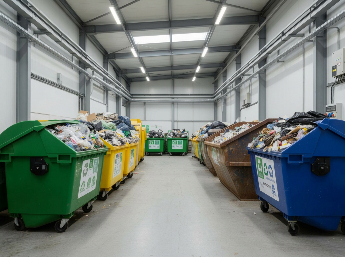 Organised recycling bins at waste management facility